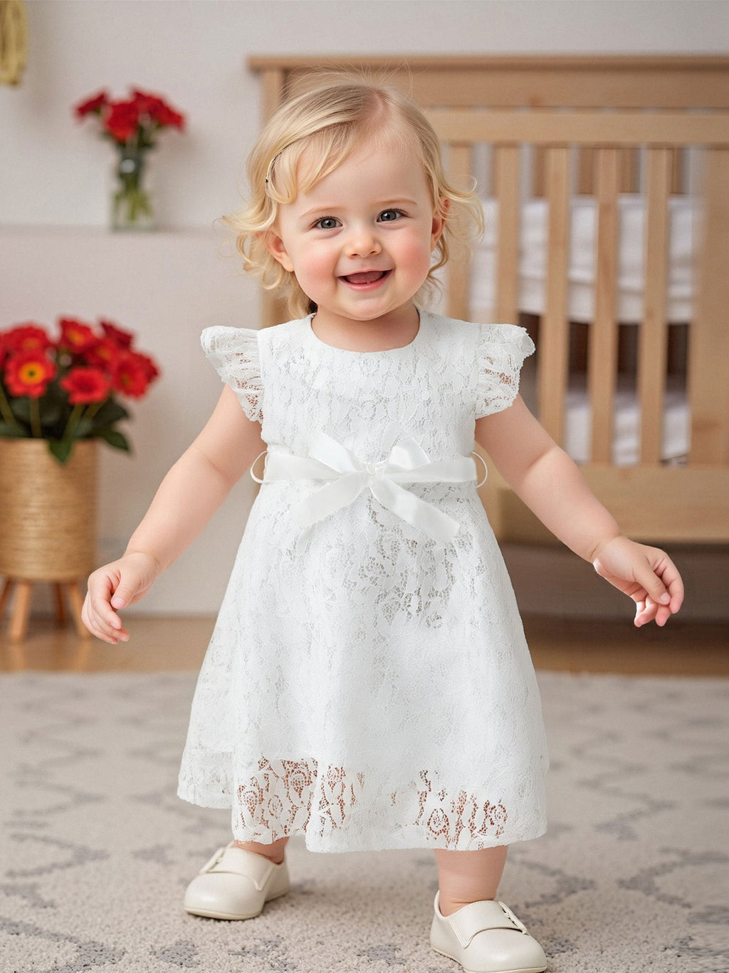 SHOWLU Girls lace fly sleeve summer dress with belt in solid color, woven fabric, perfect for warm weather and casual occasions.