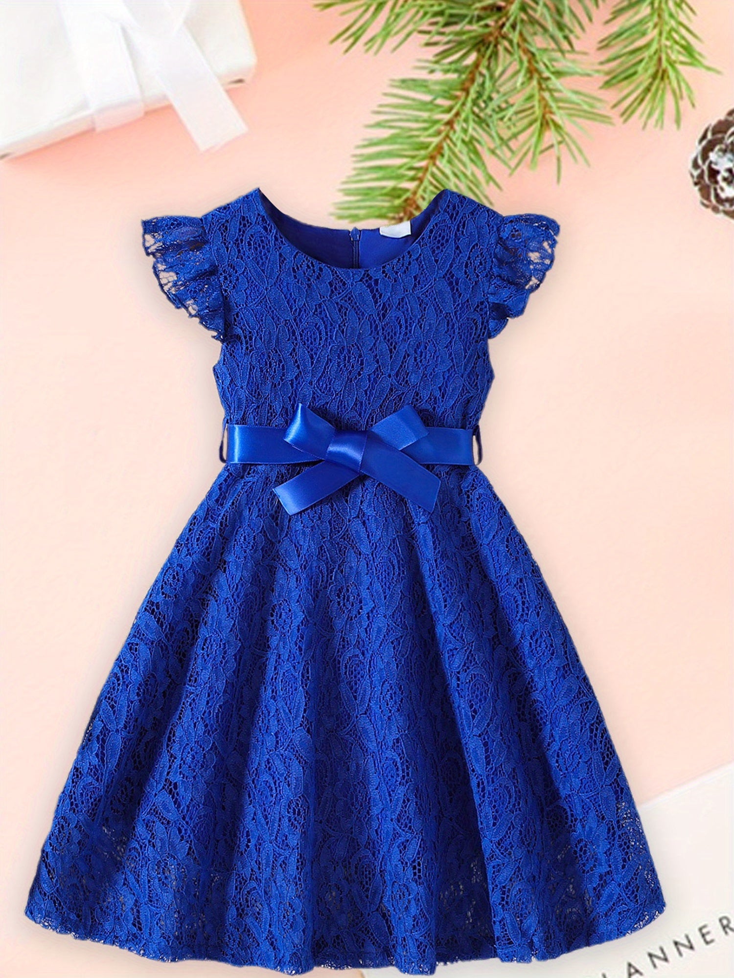 SHOWLU Girls lace fly sleeve summer dress with belt, solid color woven fabric, stylish and comfortable for warm weather.