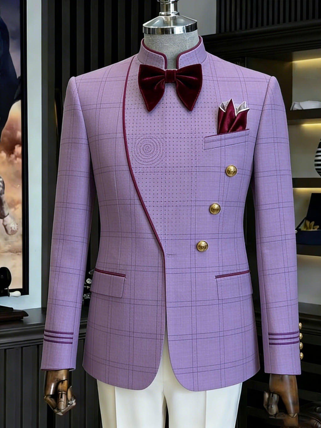 Showlu men's slim fit double-breasted solid color suit, formal evening wear, tailored fit, with lapels and matching trousers.