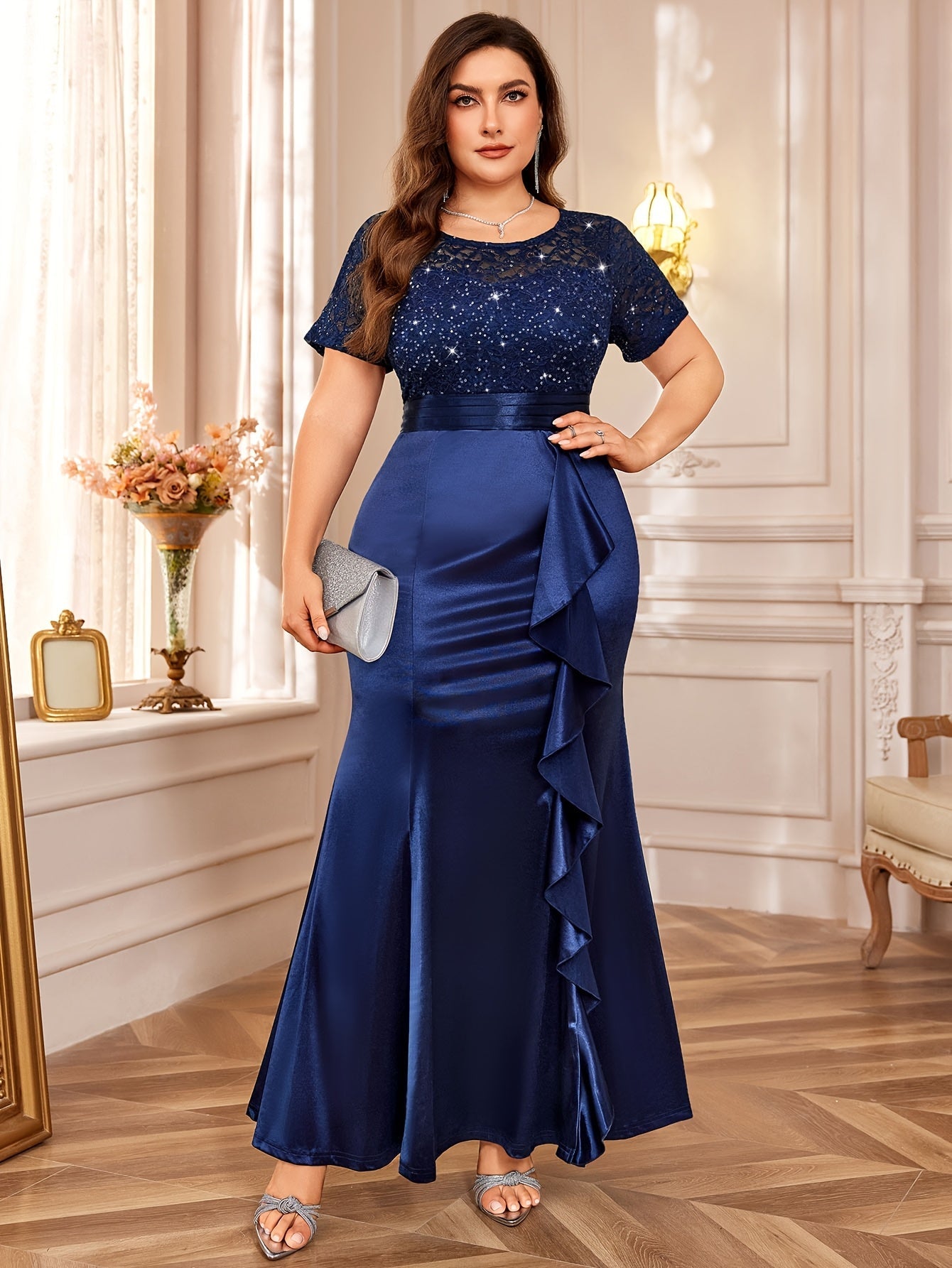 Plus size Showlu Women's Lace Sequin Mermaid Bridesmaid Dress, featuring intricate lace details and shimmering sequins.