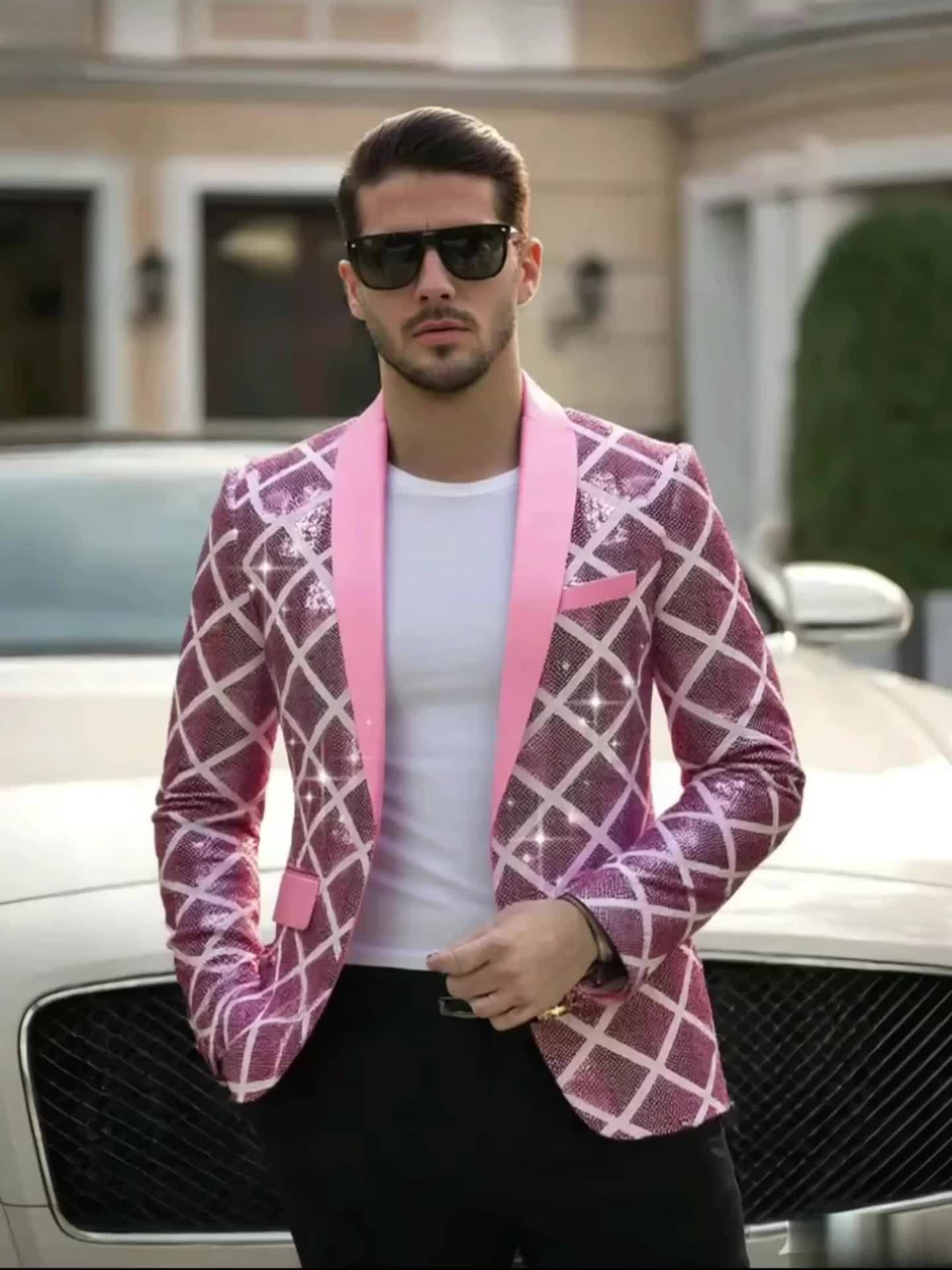 Men's Sequin-Embellished Blazer - Notched Lapel Party Jacket, Structured H-Fit Formal Coat for Weddings, Stage Performances, Events - Year-Round Evening Attire with Button Front Closure, Wedding Guest Attire, Notch Lapel Desi