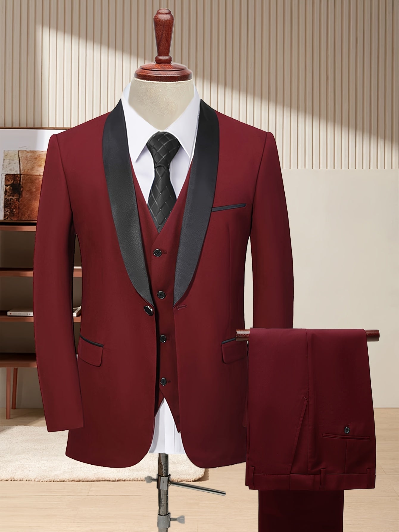 Slim fit men's wedding suit by LIVEZOU featuring a shawl collar tuxedo set with three pieces, ideal for formal occasions.