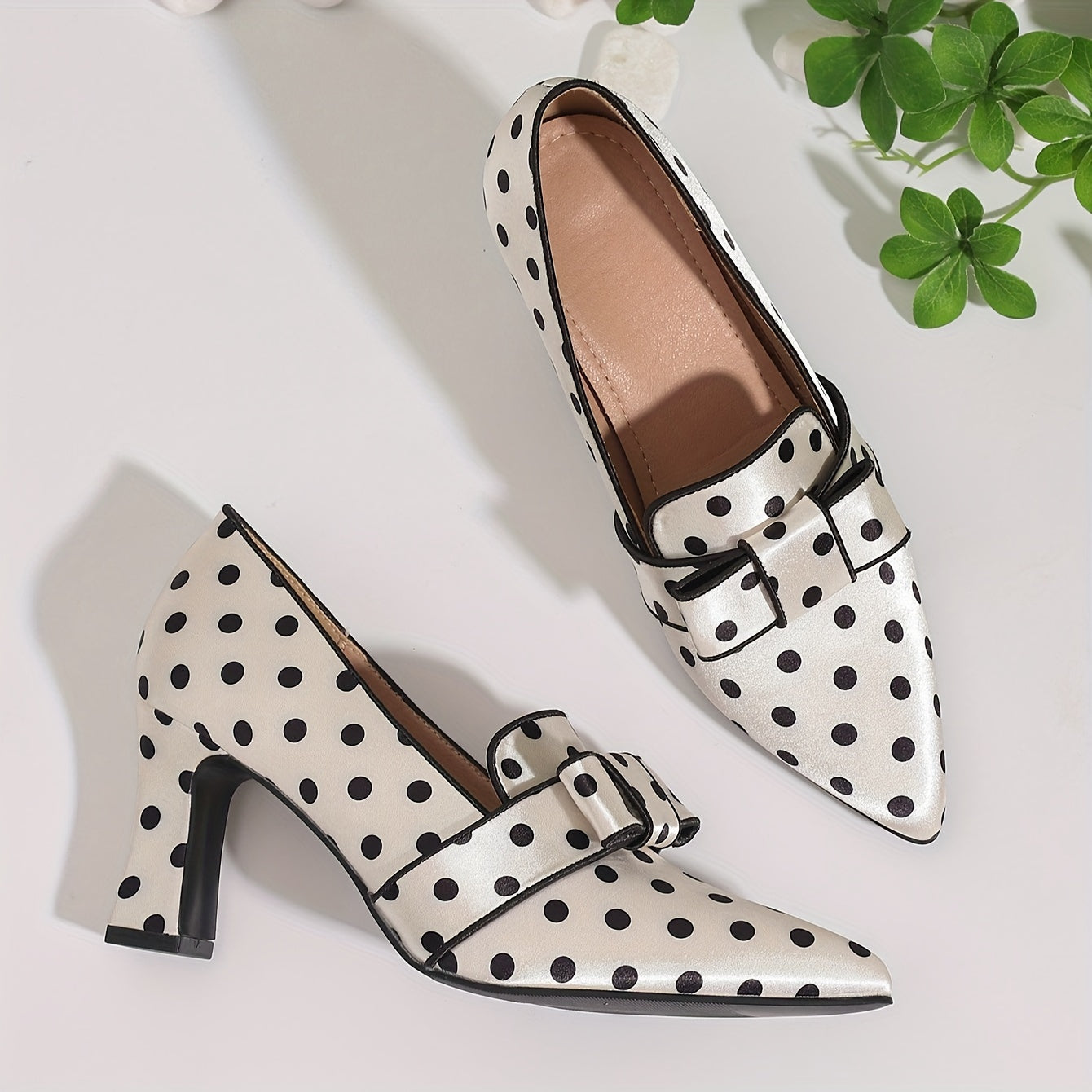 SHOWLU FASHION polka dot bowknot pumps with pointed toe and block high heels, stylish women's footwear.