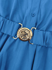 Solid V-neck Button Front Dress, Elegant Lantern Sleeve Swing Dress For Spring & Fall, Women's Clothing