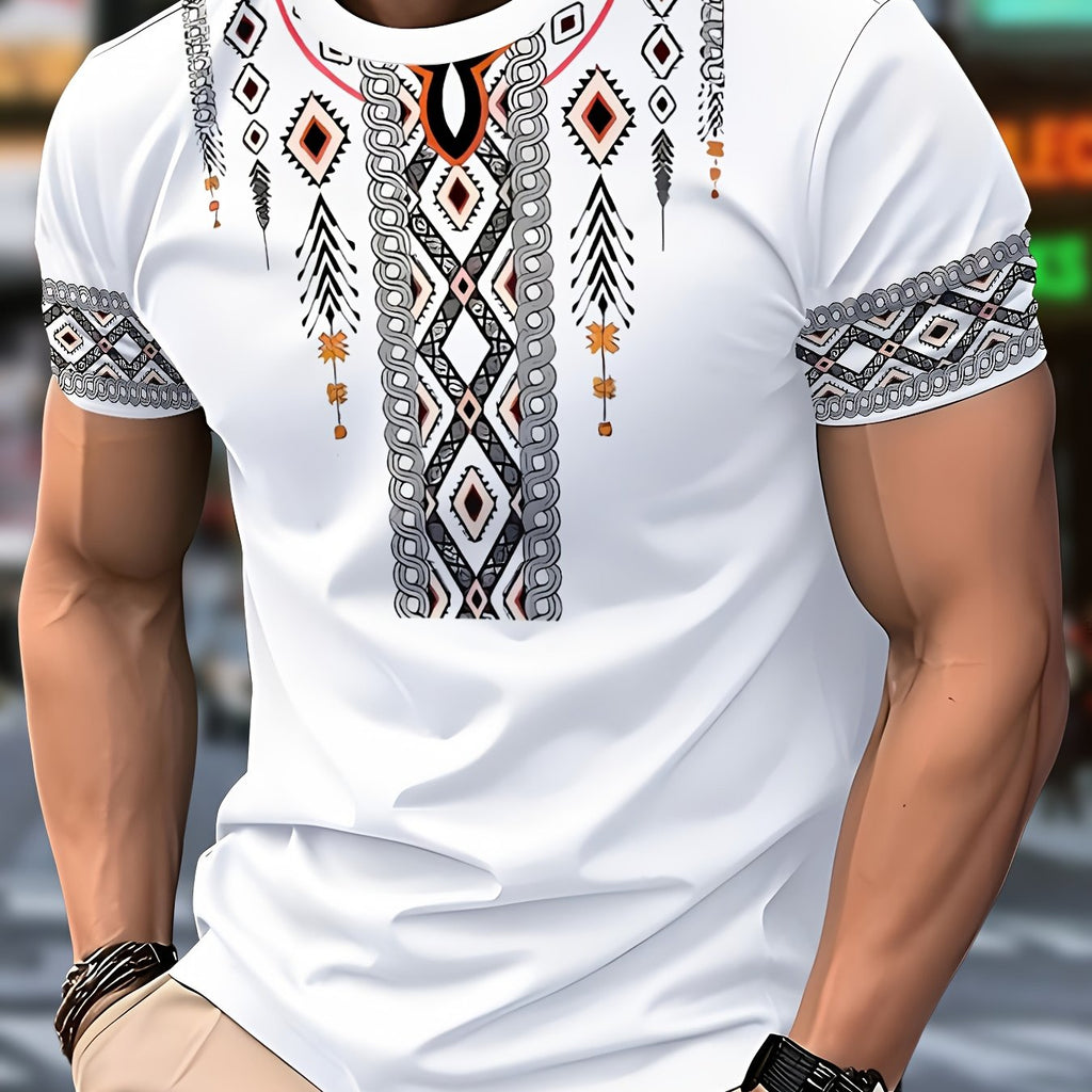 SHOWLU FASHION men's tribal geometric print polyester crew neck T-shirt with bold patterns and vibrant colors.