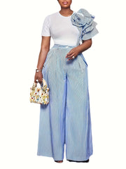 Women's Casual Wear Round Neck Short Sleeve Striped Contrast Top Wide Leg Pants Two Piece Suit Women's Suit