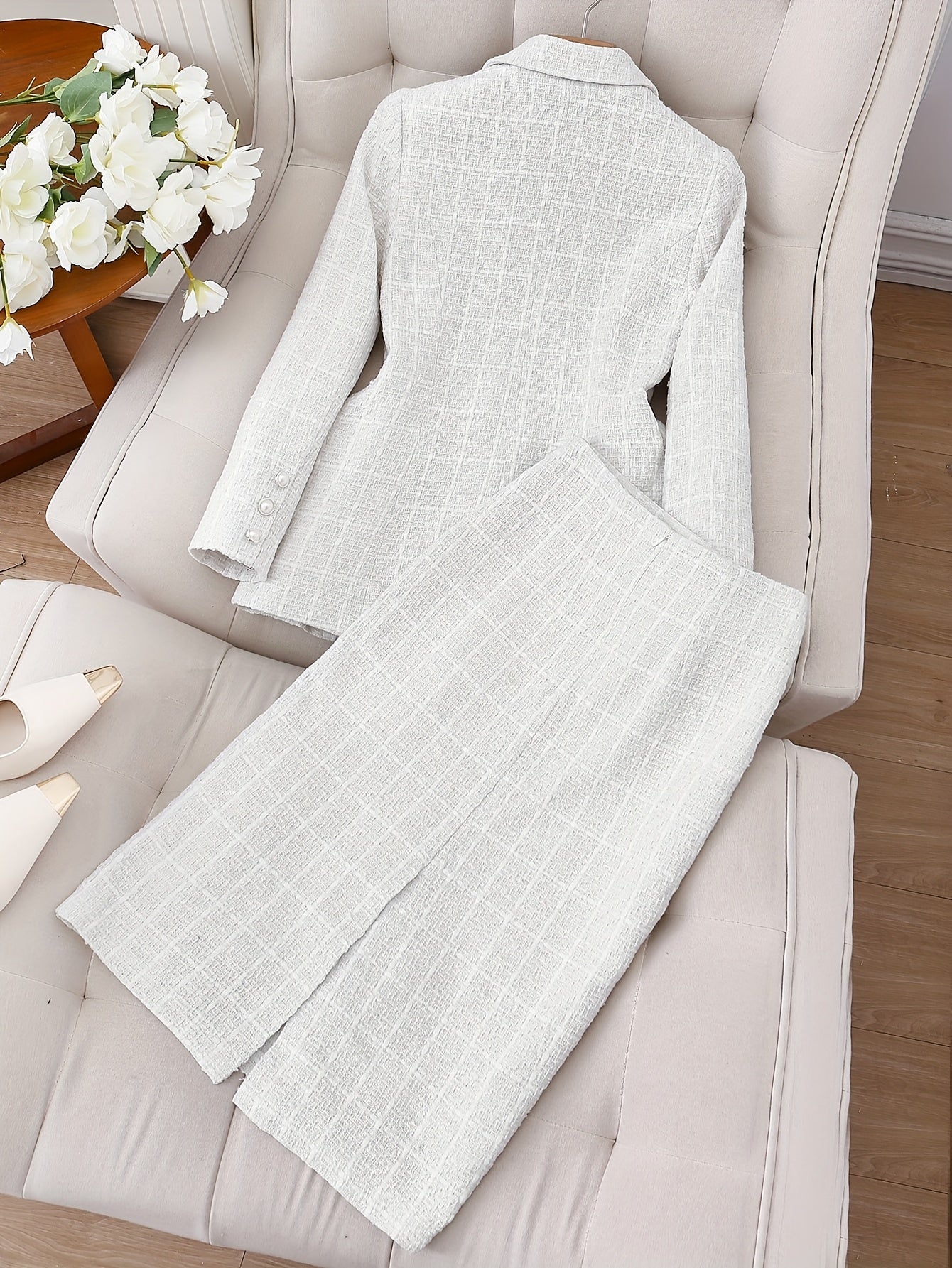 SHOWLU FASHION women's solid color notch lapel jacket and skirt set displayed on a hanger, casual elegant style.