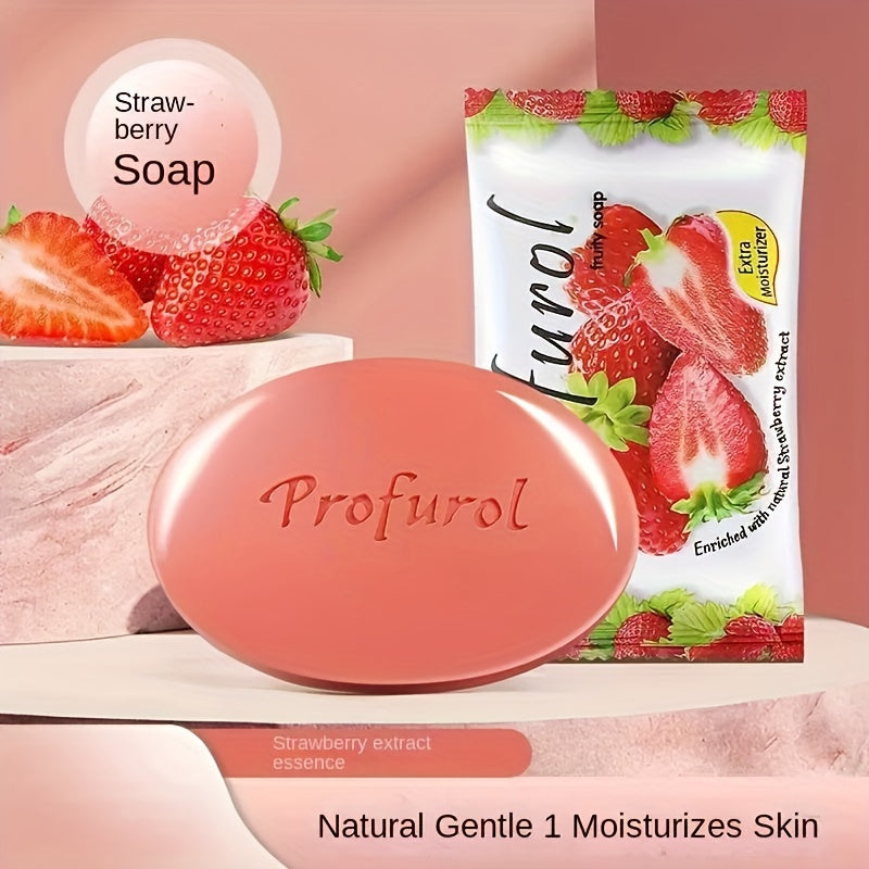 Strawberry scented SHOWLU FASHION STORE exfoliating vitamin E body soap bars with vibrant pink and white swirls on a white background.