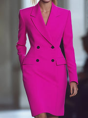 Women'S Bright Pink Long Sleeve Blazer Dress - Elegant Mid-Length Office & Casual Style with Double-Breasted Notch Lapel, Polyester Blend, Spring/Summer Collection, Versatile Fashion | Notch Lapel Dress | Structured Fit