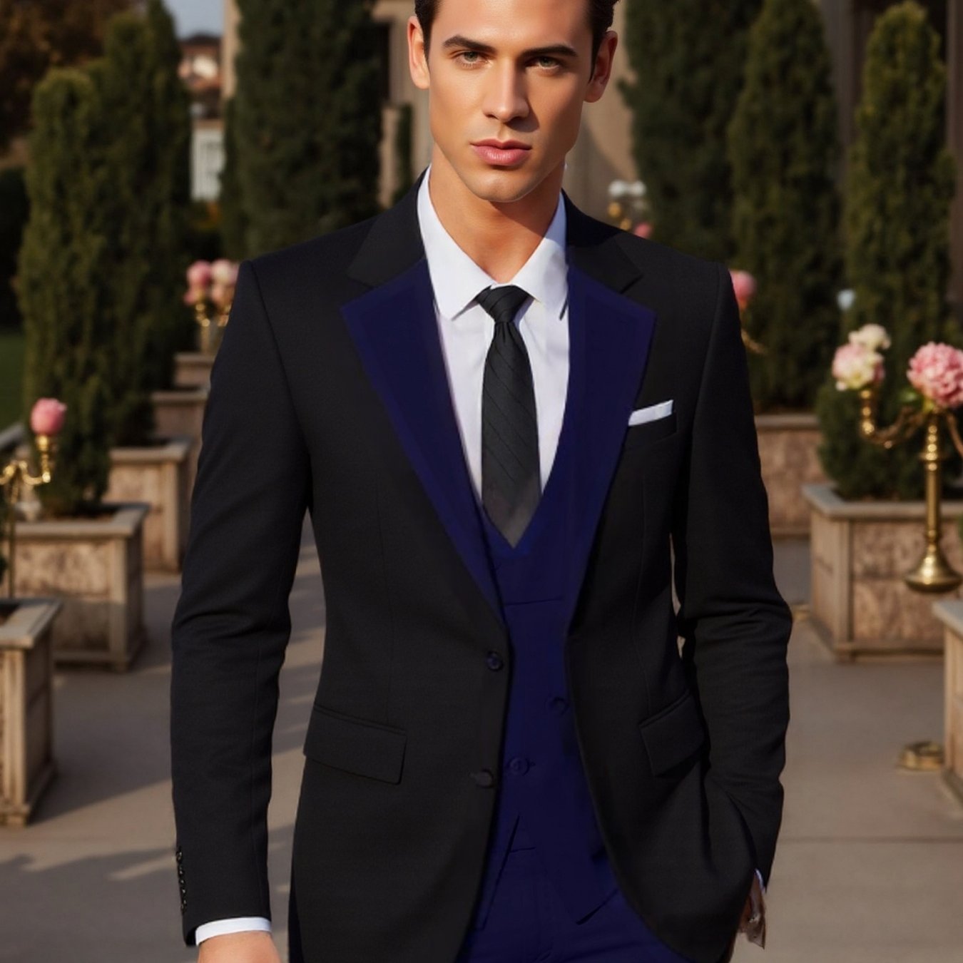 SHOWLU Men's 3-piece slim fit wedding tuxedo with jacket, vest, and pants, tailored for formal occasions and sophisticated style.