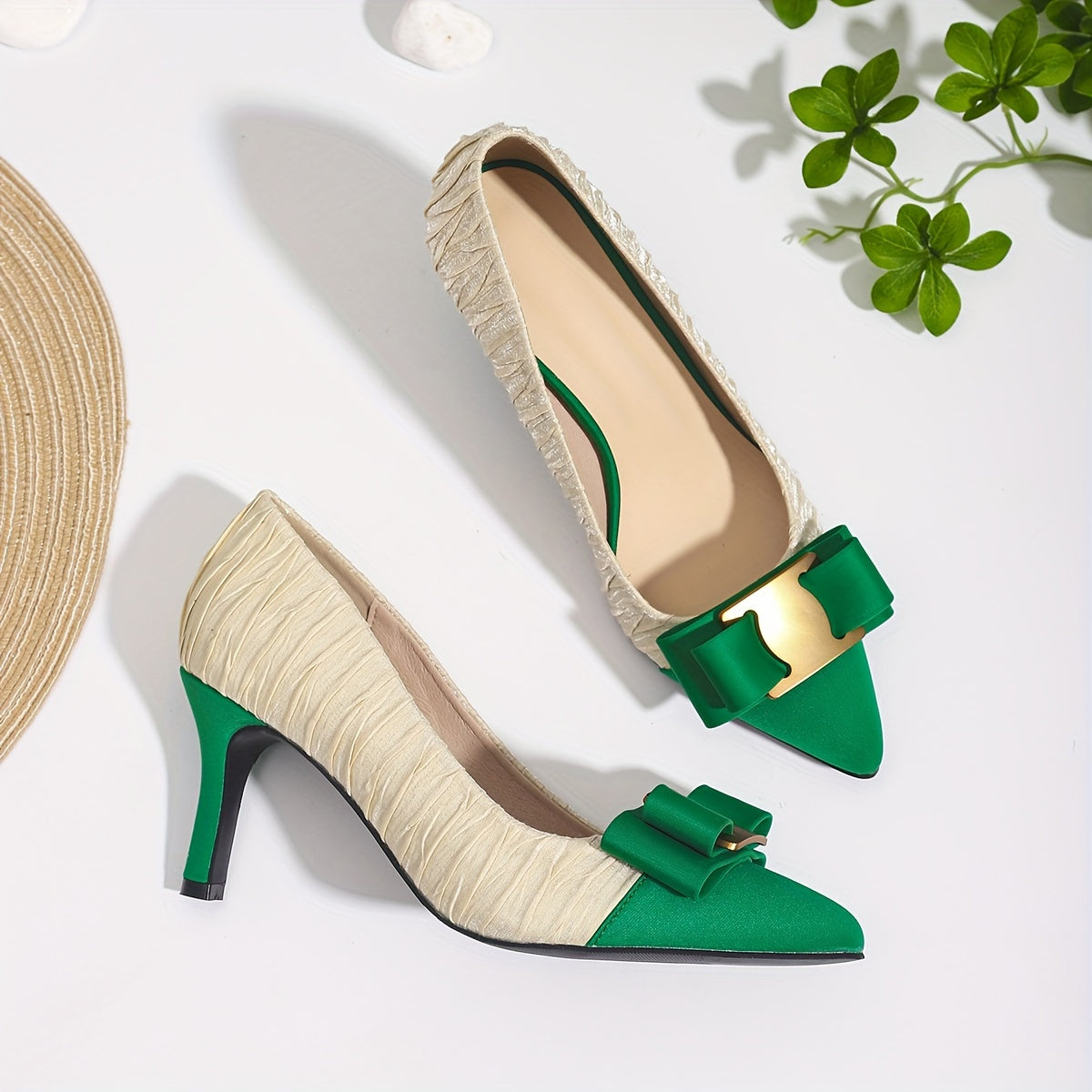 SHOWLU FASHION pointed toe bow high heels in color block design, stylish women's sexy shoes with elegant silhouette and vibrant colors.
