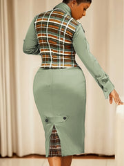 A Stylish Two-Piece Work Outfit Featuring a Checkered Vest And a Fitted Dress, Perfect for Professional Settings.