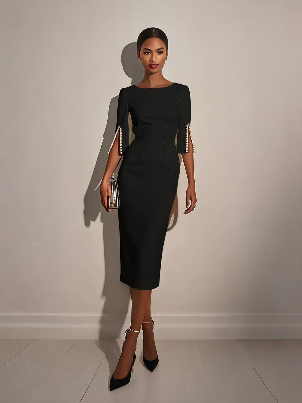 SHOWLU FASHION STORE Women's pearl bodycon midi dress with elegant half sleeves, form-fitting gown suitable for formal occasions.