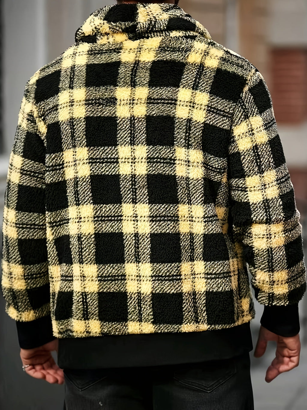 Black and yellow checkered plush fleece jacket for men by SHOWLU FASHION STORE, featuring soft thermal fabric and stylish design.