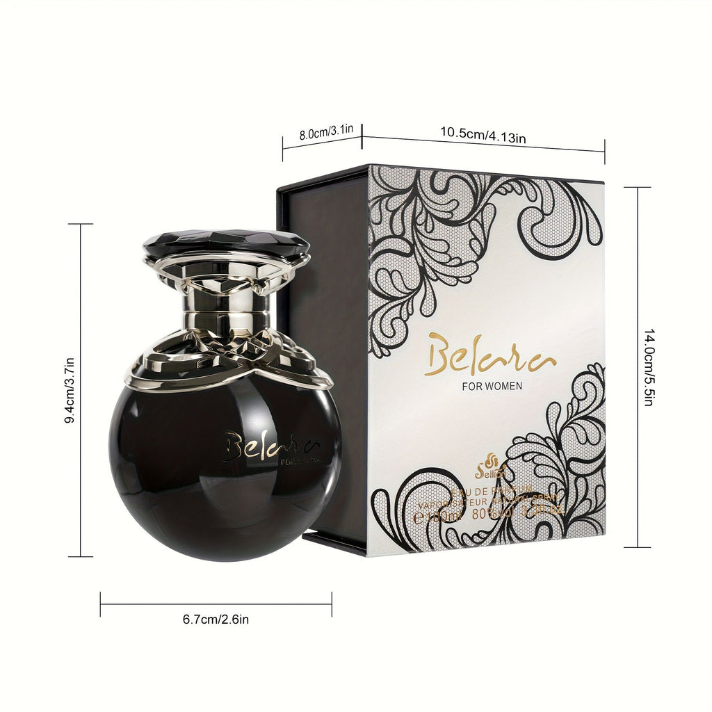 Belara Women's Black Gold Perfume in a floral apple-shaped bottle, with fresh floral scent and elegant black and gold design