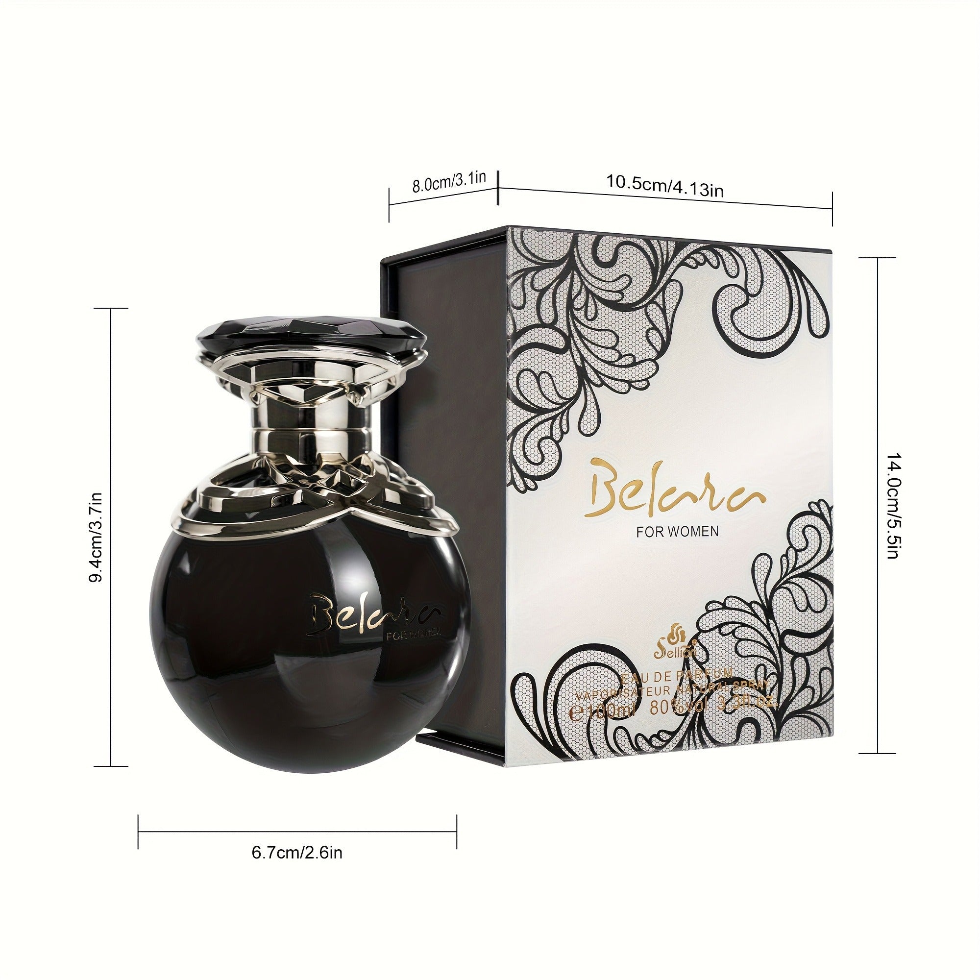 Belara Women's Black Gold Perfume in a floral apple-shaped bottle, with fresh floral scent and elegant black and gold design
