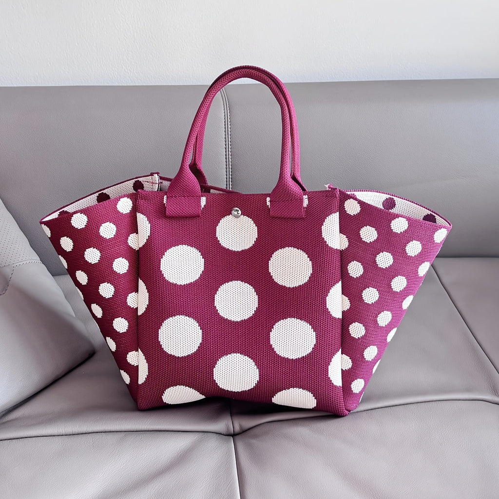 SHOWLU Burgundy Polka Dot Knit Tote Bag showcasing a casual foldable handbag with polka dot pattern and soft knit texture.