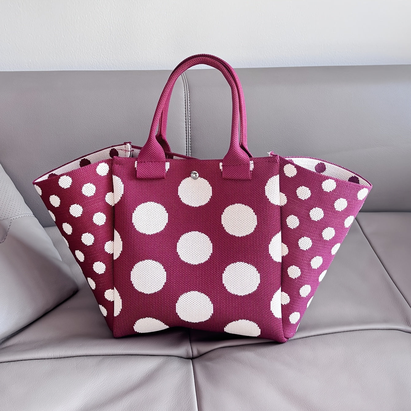 SHOWLU Burgundy Polka Dot Knit Tote Bag showcasing a casual foldable handbag with polka dot pattern and soft knit texture.