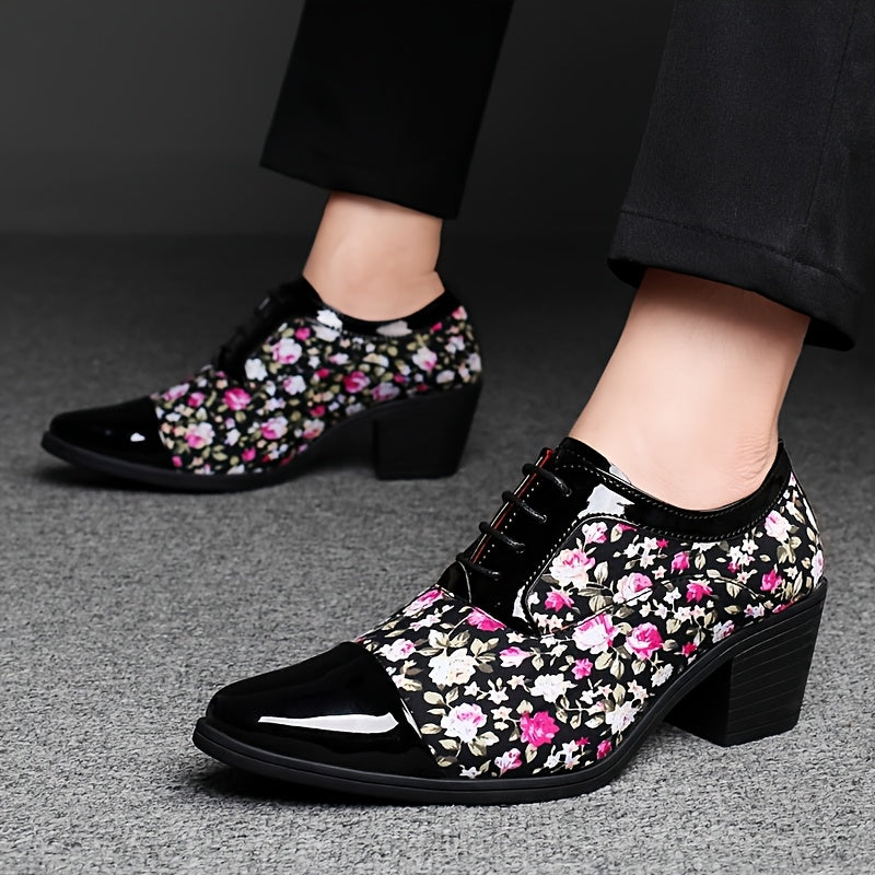 SHOWLU Men's floral lace-up loafers with pointed toe, classic dress shoes featuring a stylish floral design and sleek leather finish.