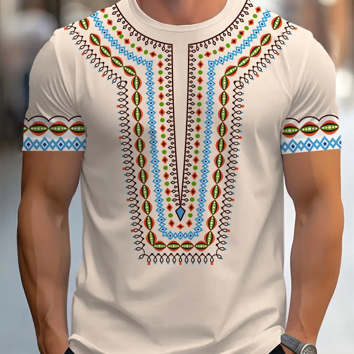 Men's African-Inspired Print T-Shirt - Soft Stretch Knit Crew Neck, White with Multicolor Tribal Pattern (Green/Blue/Red/Yellow), Machine Washable Non-See-Through Shirt for Casual, Office & Party Wear - Nigerian Style Attire