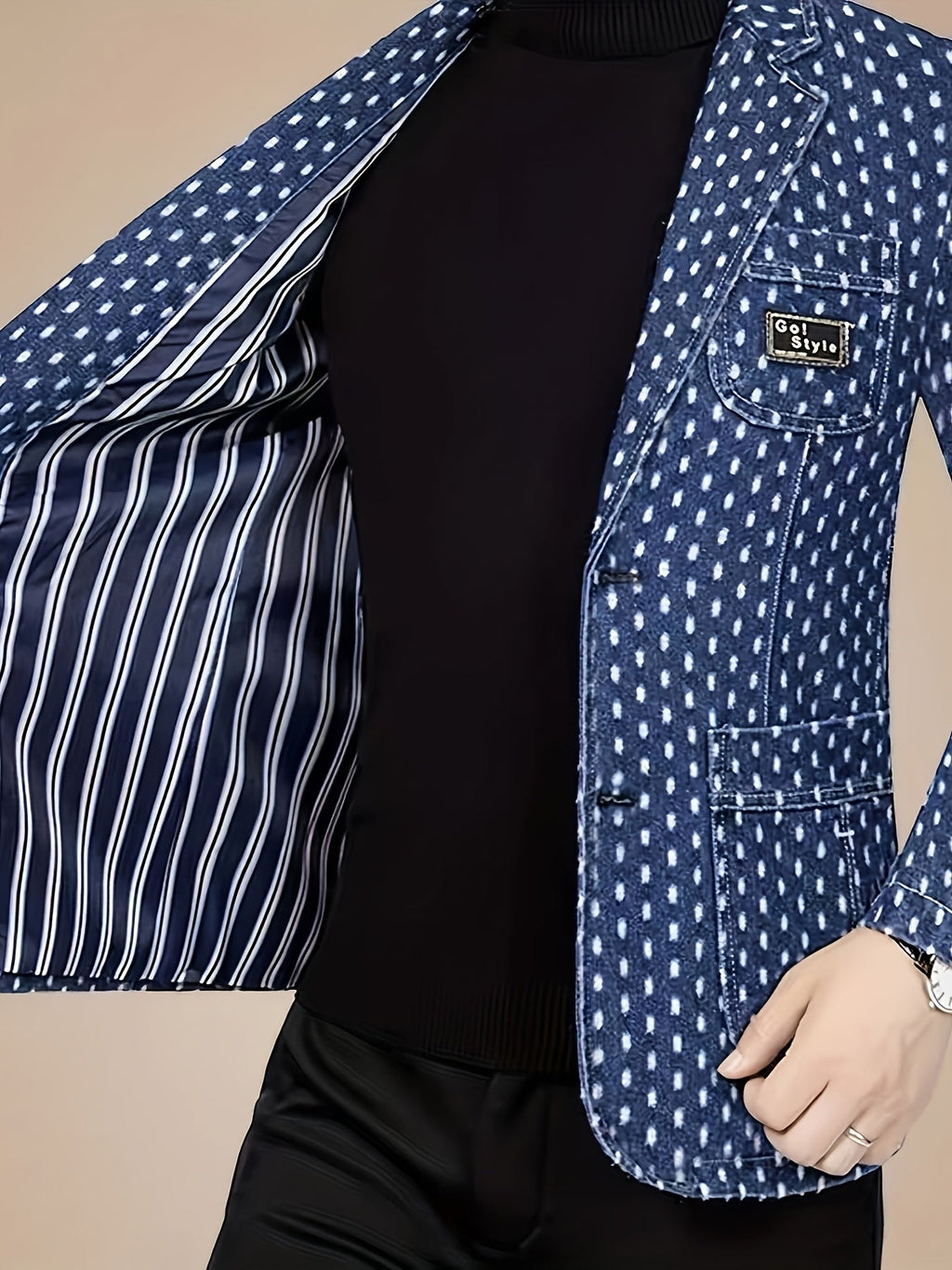 SHOWLU men's denim blazer with loose fit and polka dot pattern, casual jacket in classic blue denim fabric.