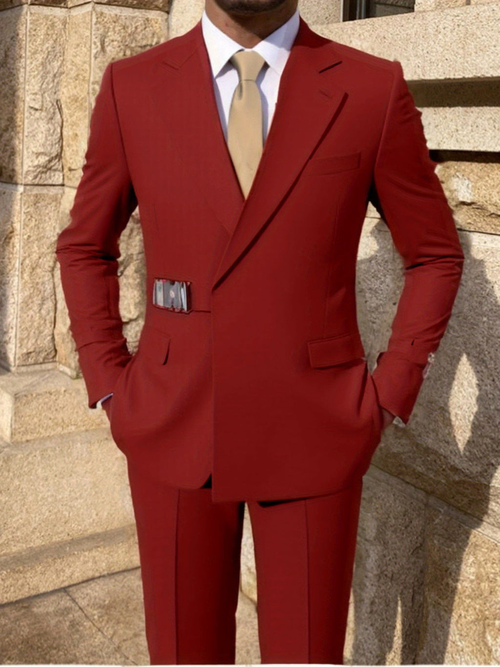 Men's SHOWLU FASHION 2-piece skinny fit solid formal wedding suit, tailored blazer and matching trousers on a mannequin.