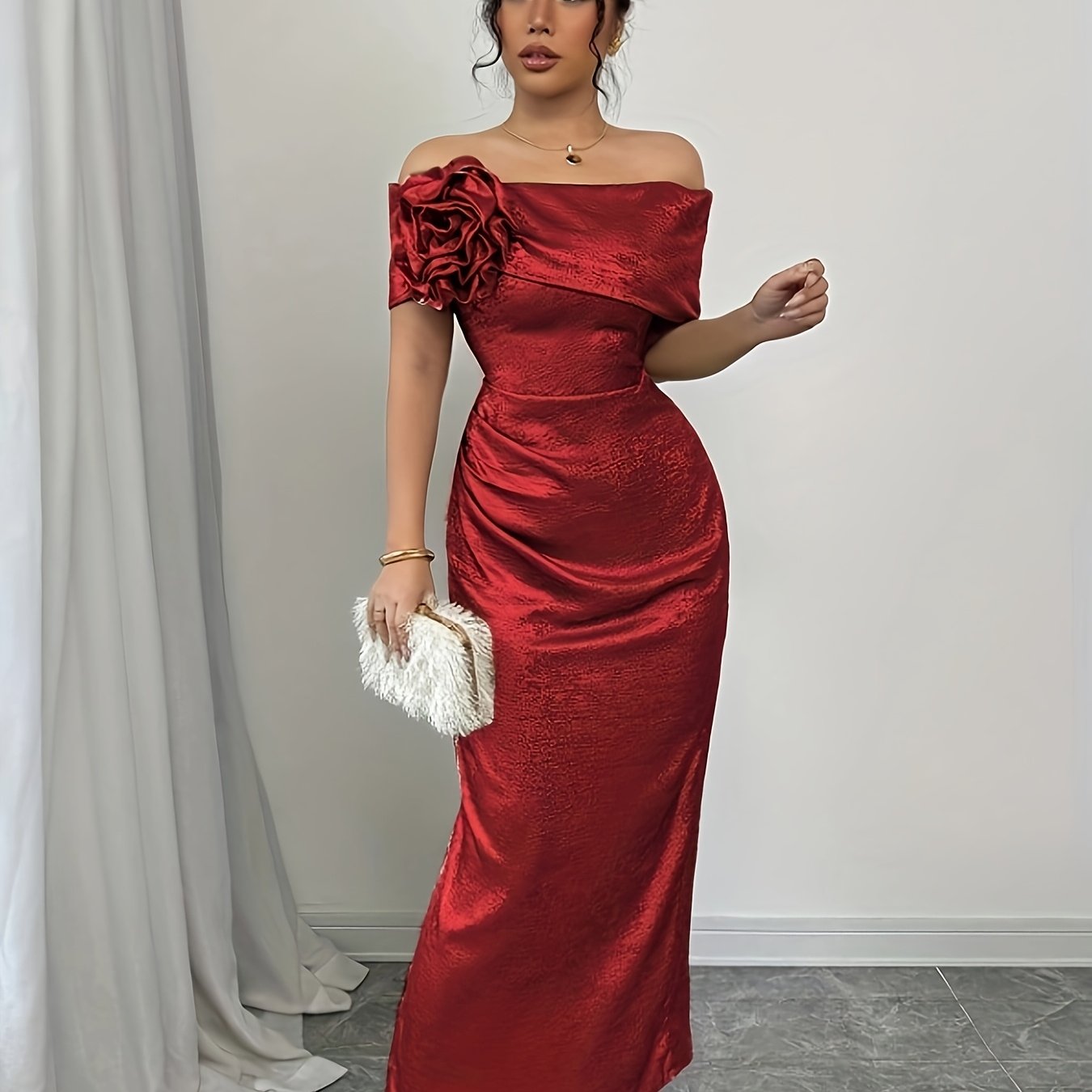 Red off-shoulder bodycon maxi dress with a low slit by SHOWLU FASHION, featuring a fitted silhouette and elegant design.