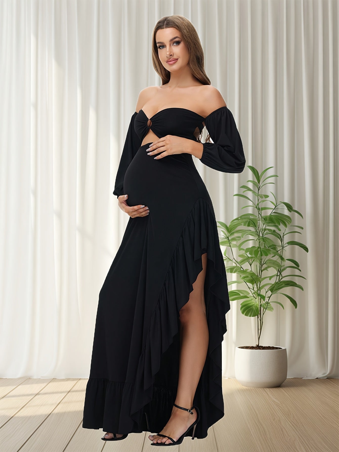 Showlu maternity off-shoulder lantern sleeve dress with asymmetrical hem, featuring a flowing design for stylish comfort.
