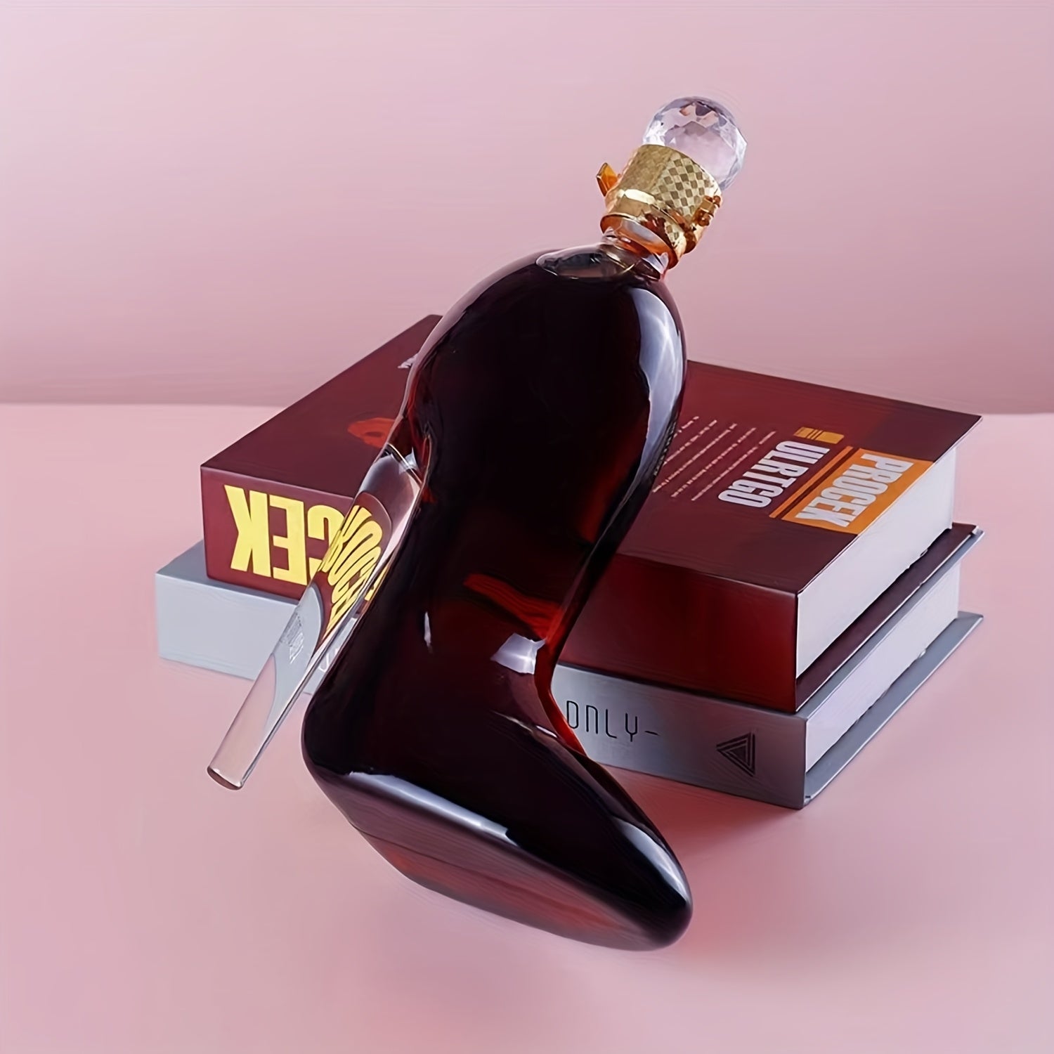 SHOWLU FASHION STORE elegant high heel glass wine dispenser and hanger with 45oz capacity, showcasing a stylish design and clear glass construction.