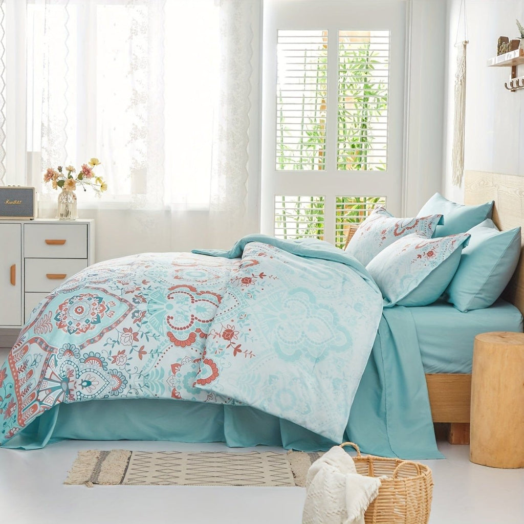 Showlu Bohemian Bed In A Bag set with lightweight microfiber comforter and sheet set in colorful bohemian pattern, available in various sizes.
