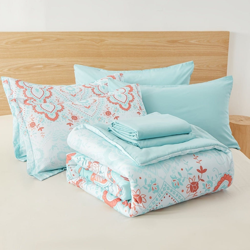 Showlu Bohemian Bed In A Bag set with lightweight microfiber comforter and sheet set in vibrant bohemian pattern for all bed sizes.