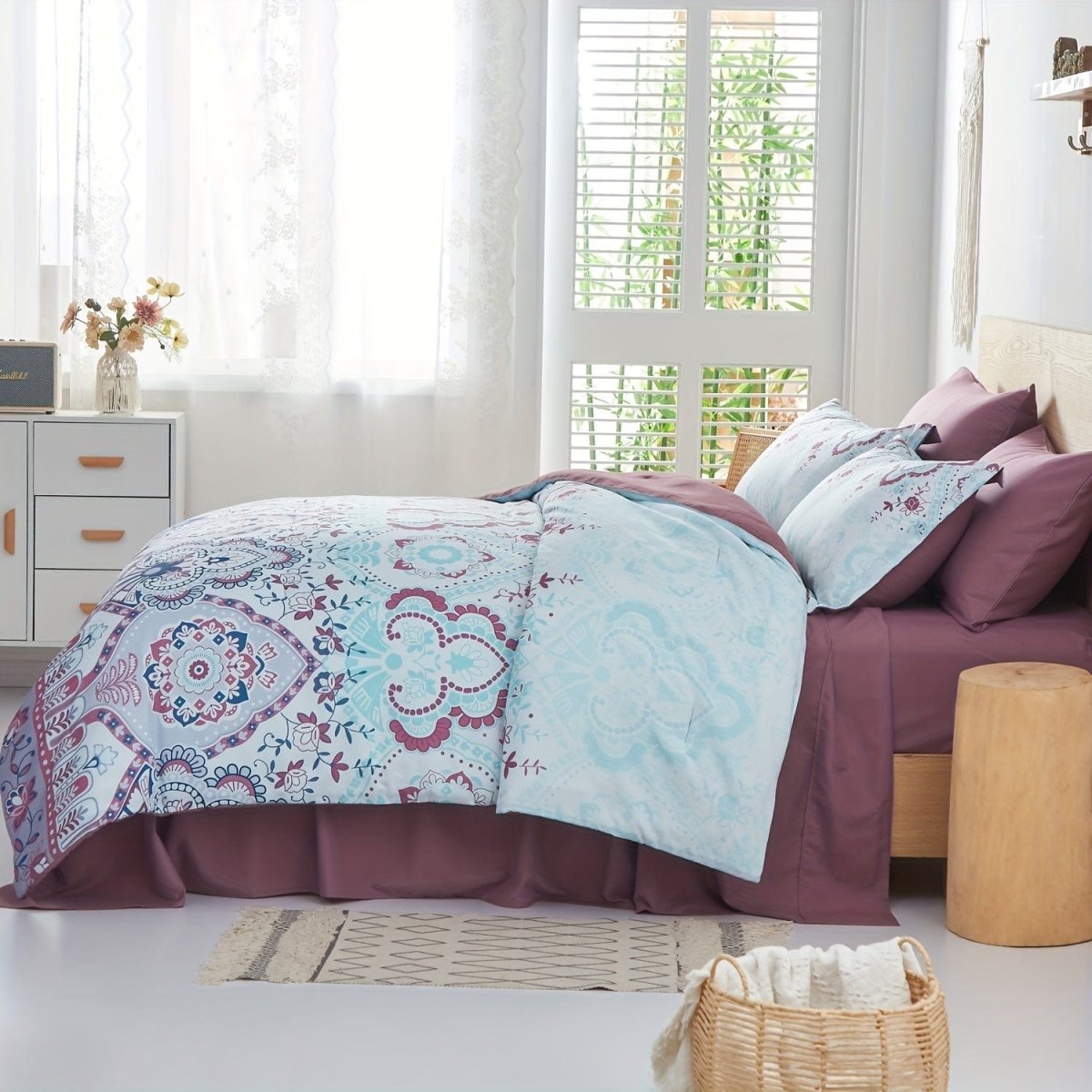 Showlu Bohemian bed in a bag with microfiber comforter and sheet set in various sizes, featuring a colorful bohemian pattern.