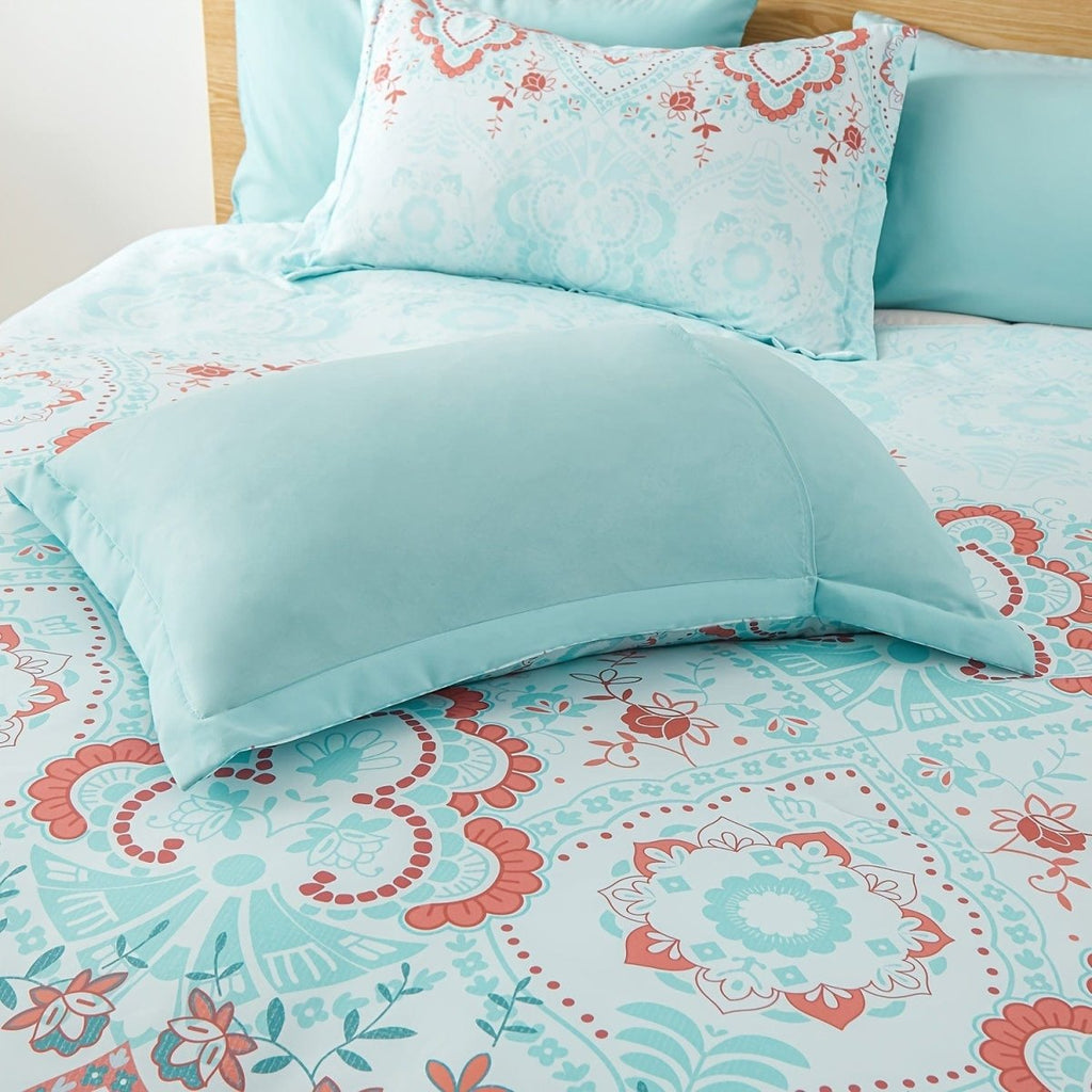 Showlu Bohemian bed in a bag with microfiber comforter and sheet set in various sizes, featuring colorful boho patterns and lightweight fabric.