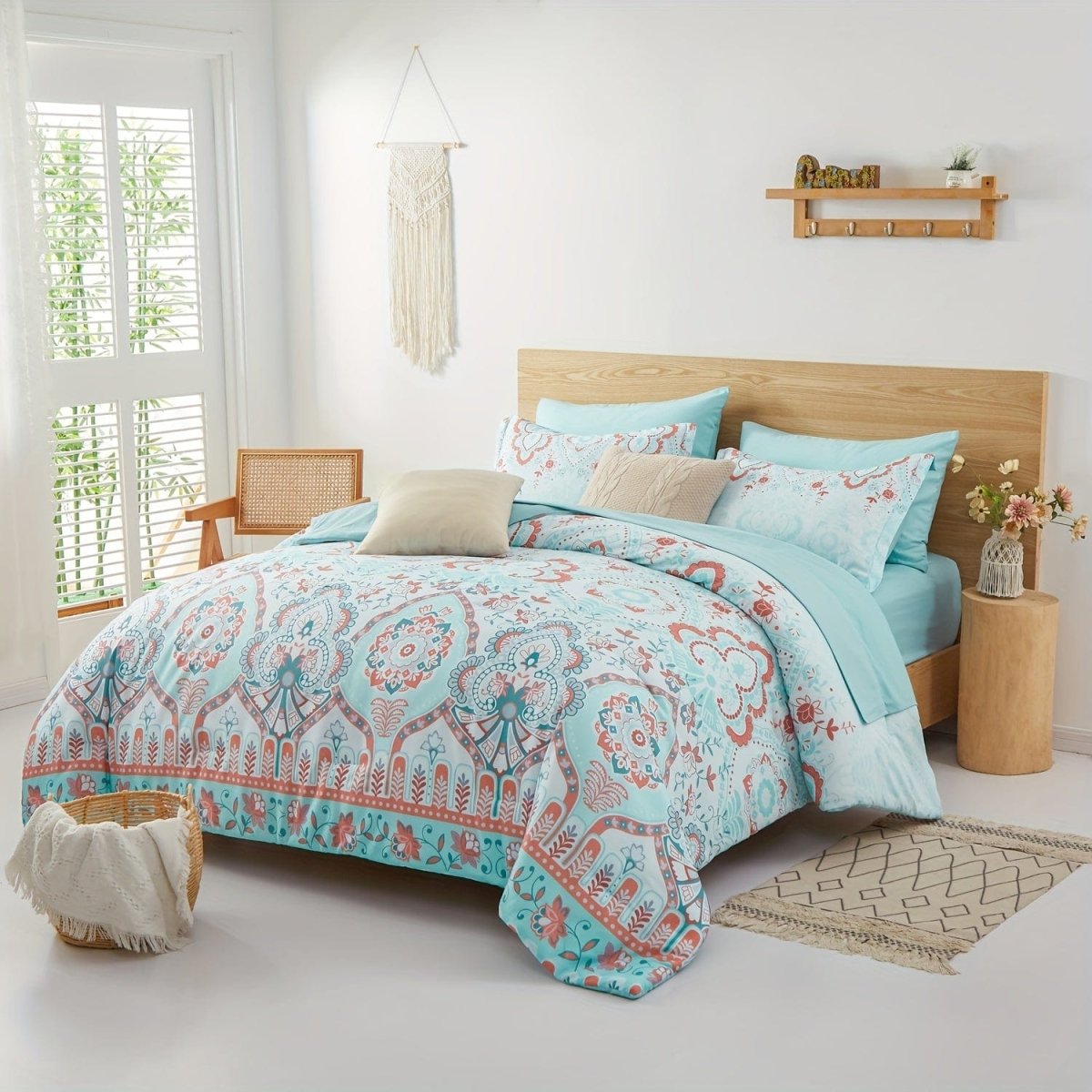 Showlu Bohemian Bed In A Bag with microfiber comforter and sheet set, featuring colorful bohemian pattern in twin, full, queen, and king sizes.