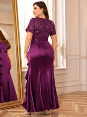 P54328A Elegant Plus Size Lace Satin Sequin Bridesmaid Dress, Round Neck, Short Sleeves, Ruffled Mermaid Hem, Perfect For Weddings, Parties, Formal Events