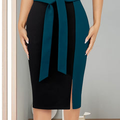 Women's Elegant Slim-Fit Color-Block Midi Skirt - Black to Burgundy Ombre with Adjustable Ribbon Bow Detail, Machine Washable H-Silhouette for Spring/Summer Office to Party Wear, Cute Skirts, Sophisticated Texture