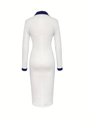 Elegant White Sheath Dress with Blue Collar and Button Detail - Perfect for Adult Women, All Seasons, Formal Events, Formal Attire | Elegant Dress | Lapel Collar Dress