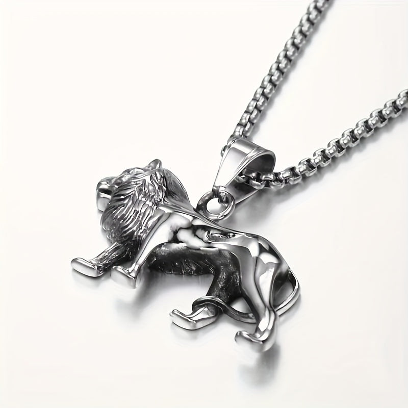 Showlu 18K gold plated lion pendant necklace set with stainless steel chain and matching earrings, styled for a bold look.