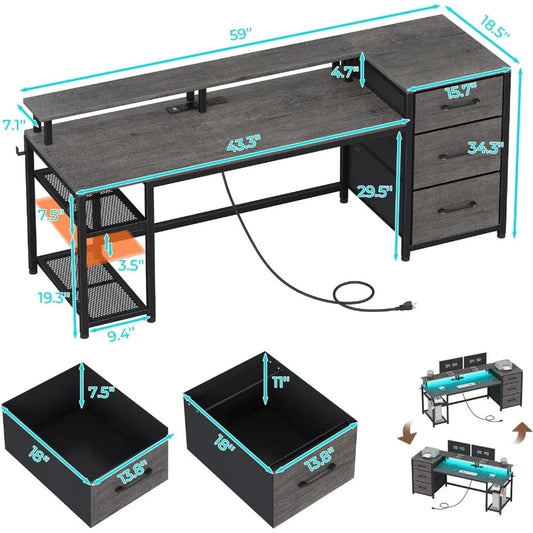 59" Office Desk with Drawers, Reversible Computer Desk with File Drawers & Storage, Gaming Desk with LED Lights - SHOWLU FASHION STORE