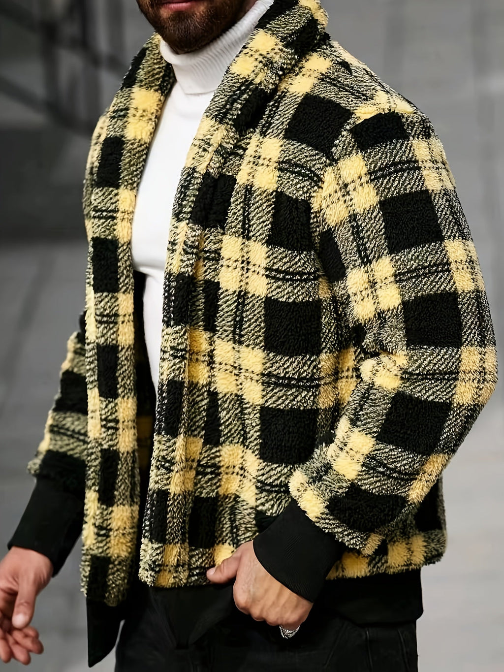 Men's black and yellow checkered plush fleece jacket with soft thermal lining from SHOWLU FASHION STORE, shown hanging on a hanger.