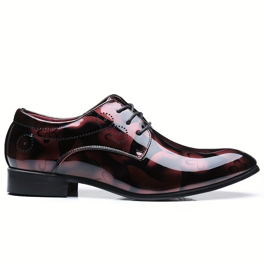 SHOWLU men's flower print pointed toe PU leather dress shoes with a sleek design for business or formal occasions.