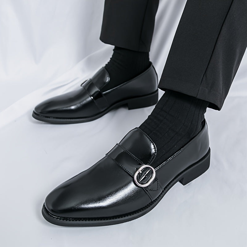 SHOWLU Men's glossy faux leather pointed-toe loafers slip-on dress shoes, stylish and sleek for formal or casual wear.