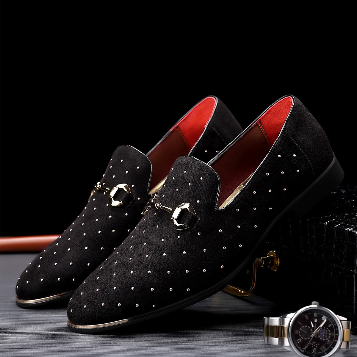 SHOWLU FASHION men's horsebit loafers with rhinestone glitter dress shoes, featuring shiny rhinestones and classic loafer design.