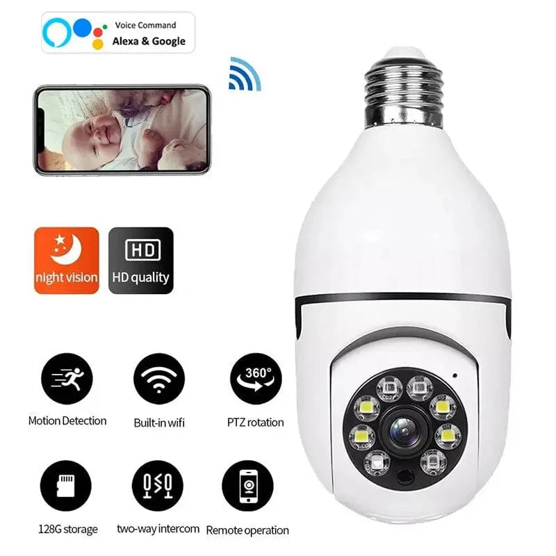 Showlu 5G E27 bulb security camera with full color night vision, human tracking, indoor WiFi surveillance camera.