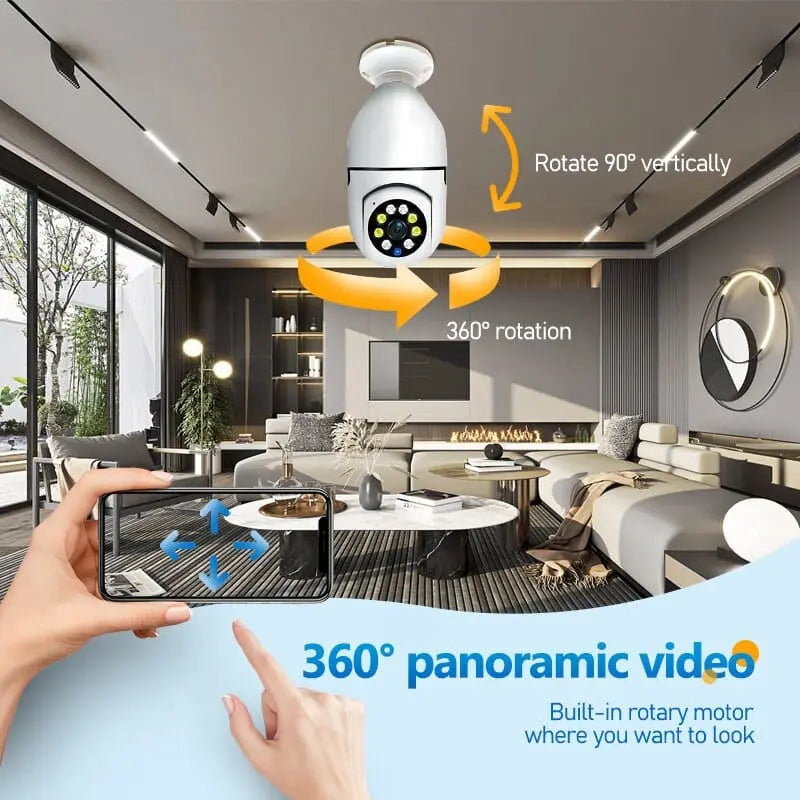 Showlu 5G E27 bulb security camera with full color night vision, human tracking, and indoor Wi-Fi surveillance in a bulb design.