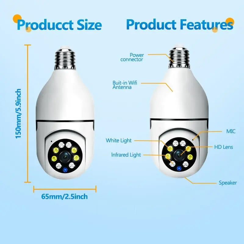 Showlu 5G E27 bulb security camera with full color night vision, indoor WiFi surveillance, human tracking, and zoom capabilities.