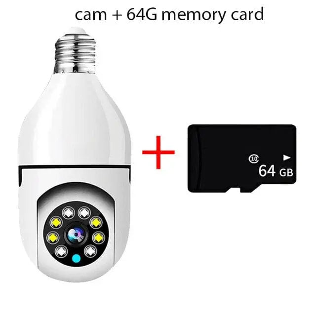 Showlu 5G E27 bulb security camera with full color night vision, human tracking, indoor Wi-Fi surveillance, and zoom feature.