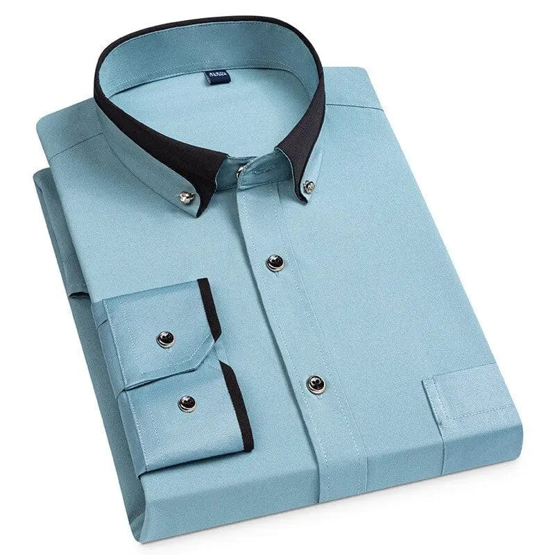 Showlu men's long sleeve business casual shirt with diamond buckle, contrast collar, four pockets, suitable for autumn and winter.