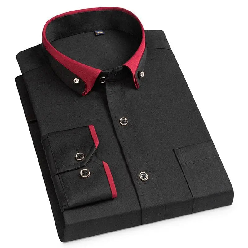 Showlu men's long sleeve business casual shirt with diamond buckle, contrast collar, four pockets, suitable for autumn and winter wear.