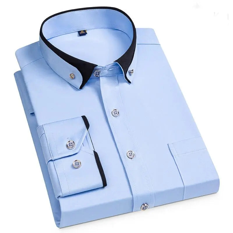 Showlu men's long sleeve business casual shirt with diamond buckle, contrast collar, four pockets, suitable for autumn and winter.